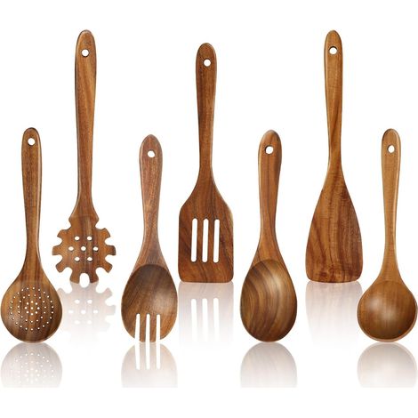 Ustensiles de Cuisine Bois, Set de 7 Cuillère en Bois pour la Cuisson avec Spatula et Ladle, Lot de Cuillere Ustensile Résistance à la chaleur Convient pour Poêles Antiadhésives (1/5)