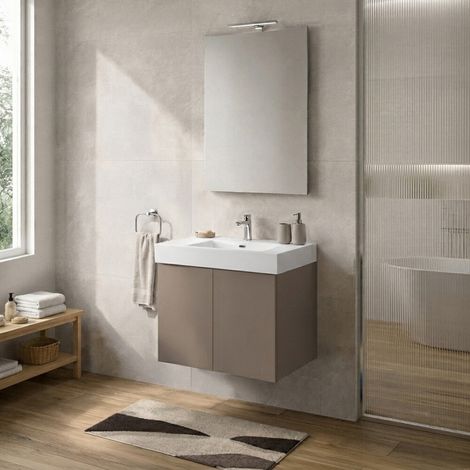 Mobile bagno sospeso 60 cm tortora con due ante e lavabo in resina Tierra (1/5)