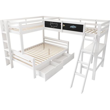 Lit mezzanine pour enfants, peut accueillir trois enfants, avec tiroirs de rangement, en bois de pin, lit superposé, lit enfant avec bureau et étagère, 140200cm, 90200cm, blanc (1/5)