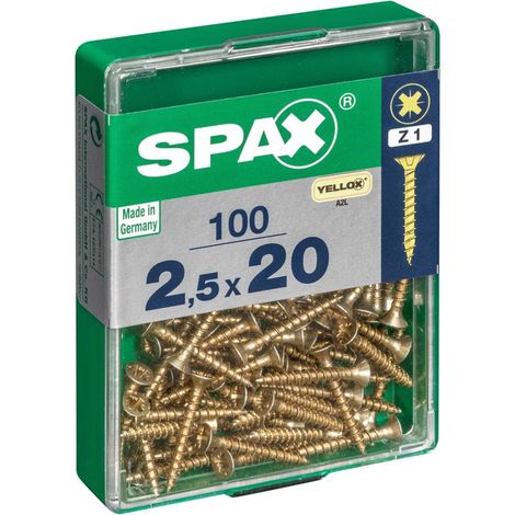 Caja de 100 unidades de tornillo para madera Spax con cabeza plana en Yellox 2,5x20mm Spax
