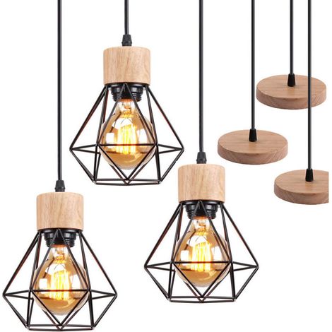 3x Lustre Suspension Industriel Vintage Interieur, Stoex Lampe de Plafond en Bois et Métal Douille E27 Cage Diamant Rétro pour Salon, Chambre, Cuisine,Restaurant, E27, Noir
