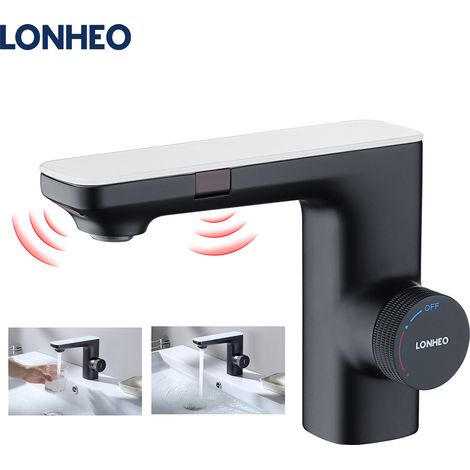 Lonheo Sensor Wasserhahn Bad Waschtisharmatur mit Infrarot-Elektronik, Automatische Waschbeckenarmatur Bad Armatur für Handwaschbecken, Schwarz (1/5)