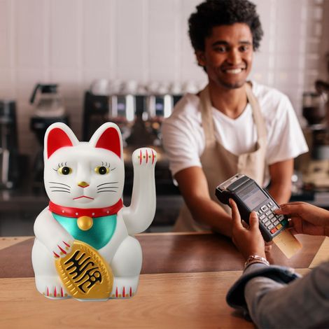 Chat porte-bonheur décoratif de 15 cm pour voiture, cadeau d'ouverture de magasin, comptoir de caisse, hall d'entrée, décoration intérieure, ornement électrique Feng Shui en forme de chat, blanc 0256C (1/5)