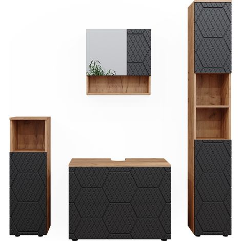 Conjunto de muebles de baño Irma, Rayas antracita, 4 piezas, con cajonera y mueble alto, Vicco