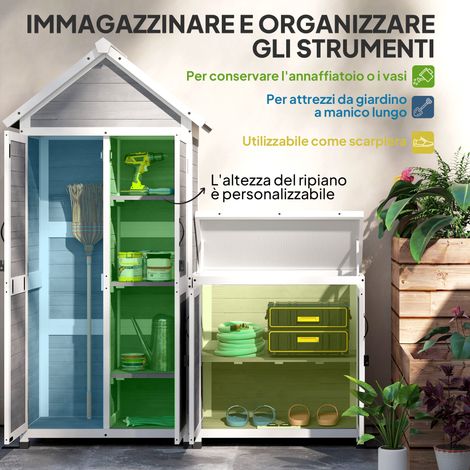 Abri jardin 0,32 m² avec armoire – Étagères réglables bois hêtre – Base surélevée, toit pliable étanche – Gris clair