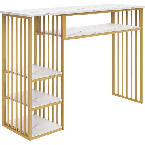 Tavolo bar con spazio contenitore 140x40x105 cm piano in MDF effetto marmo struttura in metallo oro (1/5)
