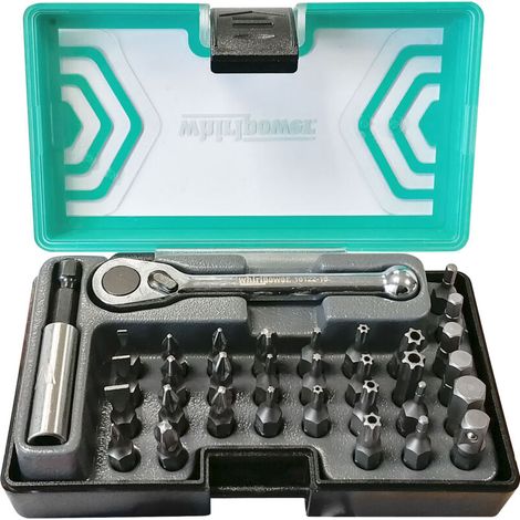 Juego de carraca de 1/4" con 30 puntas S2 – Minicarraca reversible de 72 dientes – Adaptador de accionamiento cuadrado de 1/4" para destornillador – 33 piezas