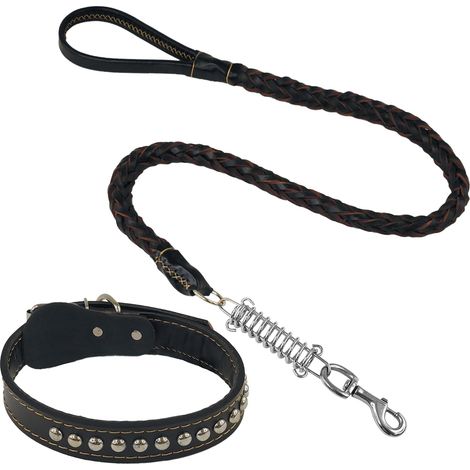 Collare e guinzaglio per cani in similpelle, design intrecciato con ammortizzatore, resistenti ed eleganti, perfetti per l'addestramento e le passeggiate, nero (L) (1/5)