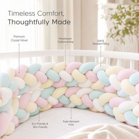 Tour de lit bébé tressé – Protection anti-choc doux – Pour berceau et lit – 1m Blanc Rose Crème Vert