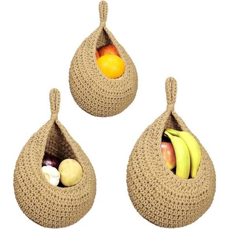 3Pcs Corbeille A Fruit Suspendue,Panier de Fruits et Legumes Suspendu Au Mur,Panier Mural en Jute Tressé à La Main en Forme de Goutte D'eau,Panier Suspendu Rangement pour Cuisine,Salon,Porche