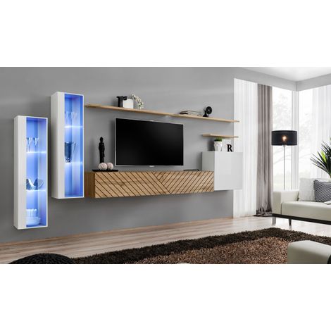 Ensemble de 7 meubles muraux "Switch XI" pour TV en bois - Beige et Blanc - L 330 x H 160 x P 40 cm - Livraison gratuite
