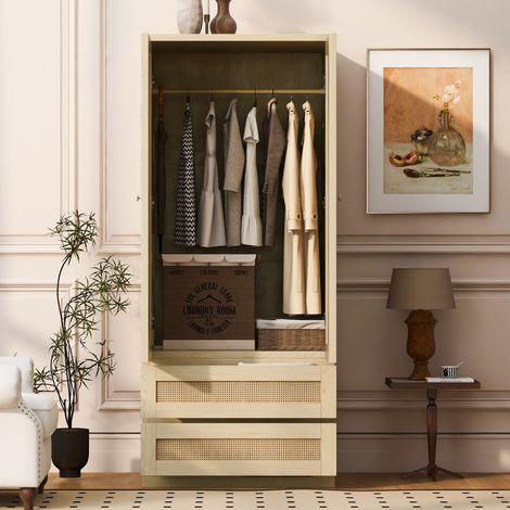 Armoire 70 x 55 x 170 cm, modèle à double porte, avec tiroirs et compartiments de rangement, portes en rotin synthétique, coloris bois. (1/4)