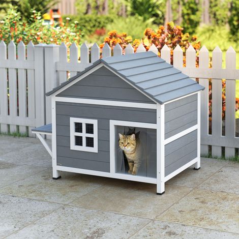 Niche pour chat en bois, niche à deux étages avec toit à charnières étanche, plateforme latérale, 101 x 72,5 x 81 cm, grise (1/5)