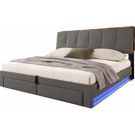Letto imbottito 180x200 cm con contenitore idraulico, USB e Type-C, LED e testiera con vani, senza materasso, grigio, per camera da letto ordinata – CHICFURN (1/5)