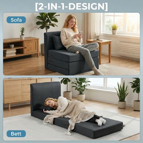 Fauteuil transformable 2 en 1, canapé-lit escamotable en lin, couchage d'appoint matelassé, siège pliant gris anthracite (1/4)