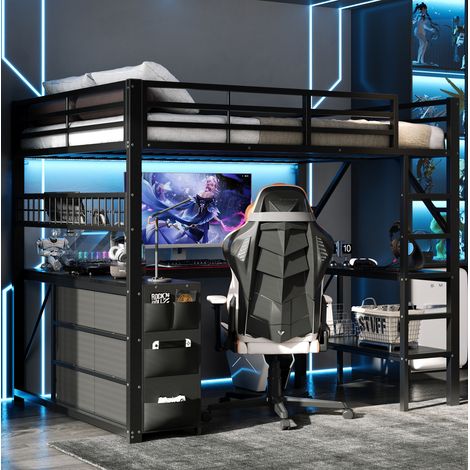 Cama alta 140/200 cm negra con escritorio, cajones, LED y almacenaje, ahorro de espacio (1/5)
