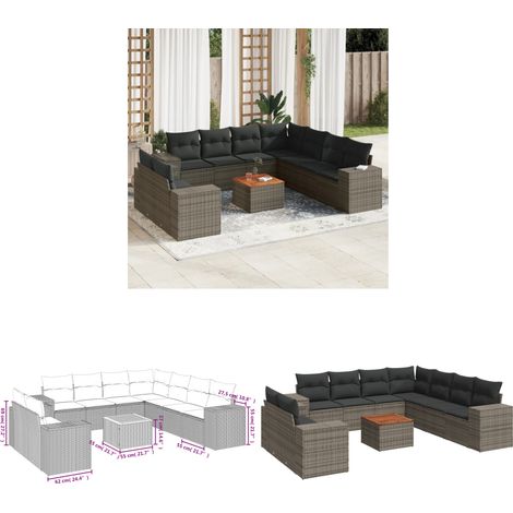 10-tlg. Garten-Sofagarnitur mit Kissen Grau Poly Rattan - Gartenmöbel Set - Esszimmerset Outdoor - Lounge Möbel - Rattan Gartenmöbel - Wetterfeste Gartenmöbel - Home & Living