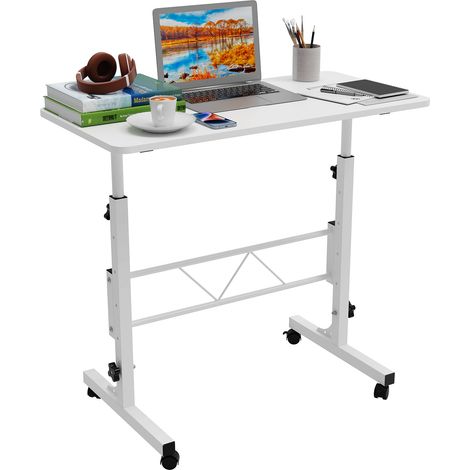 Table Informatique Bureau Ordinateur Roulant Réglable en hauteur 74-110cm Blanc (1/5)