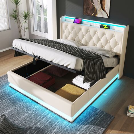 FLORAGRACE Lit coffre 140x190 cm en PU blanc LED avec USB Type-C, tête de lit capitonnée (1/5)
