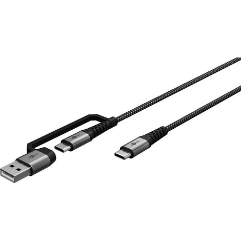 2in1 USB-Textilkabel, spacegrau/silber, 2 m, extrarobustes USB-C™-Ladekabel mit Adapter für USB-A-Geräte. Kabellänge 2 m