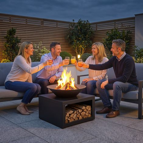 Foyer de jardin Ø59 cm, brasero rond noir avec support à bois, tisonnier inclus, utilisable bois et charbon, foyer extérieur robuste (1/5)