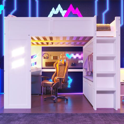 Lit mezzanine Gaming 140x200cm, bureau intégré avec LED, port USB et Type-C, échelle, tiroir, porte-serviettes, sans matelas, blanc (1/5)