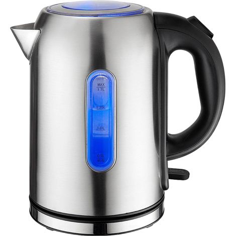 1 Bouilloire électrique, 2200 W, 1,7 L, acier inoxydable brossé, éclairage LED bleu, arrêt automatique, protection surchauffe (1/5)