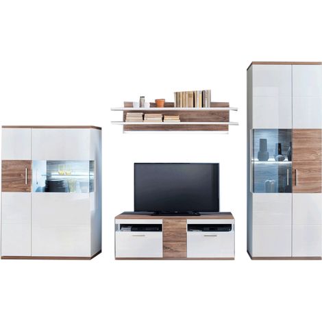 Ensemble séjour de 4 parties coloris blanc brillant / chêne -PEGANE-