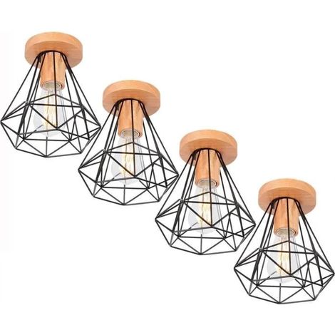 U-Do 4Pcs Plafonnier Intérieur style Vintage Cage frome Diamant en Métal Noir Lampe en Bois pour Salon Cuisine (1/4)