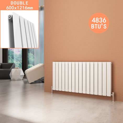 ELEGANT 600 x 1216 mm White Rads Designer Double Flat Panel Radiator Heater + White Thermostatic Radiator Valves Compatible with all heating systems (1/5)