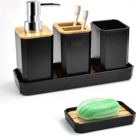 5-teiliges Bambus-Accessoire-Set: Lotion, Zahnbürste, Becher, Seifenschale, Tablett – schwarz