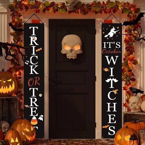 Décorations d'Halloween extérieures Bannières de sorcières pour le porche : « Des bonbons ou un sort » et « C'est octobre » Décorations d'automne intérieures (1/5)
