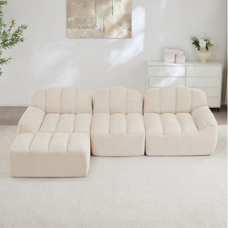 FloraGrace Sofa modulable d angle 3 places, avec ottomane, tissu polaire granulé beige blanc, sans montage (1/5)