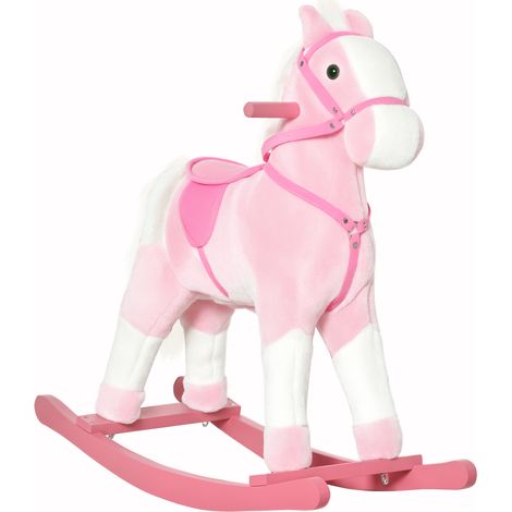 Cheval à Bascule en Bois et Peluche pour Enfant Cheval de Cowboy Peluche pour Enfants de 3-6 Ans Jouet Balançoire avec Effet Sonore Selle Rênes Rose Blanc (1/5)