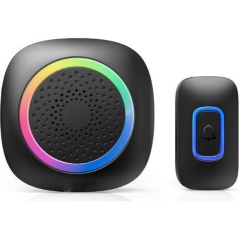 Wasserdichte, batteriebetriebene Funk-Türklingel für den Außenbereich, 400 m Reichweite, tragbare Funk-Türklingel mit RGB-Anzeige, 60 Melodien und 5 Lautstärkestufen, für Zuhause, Hotel, Büro, Schwarz (1/5)