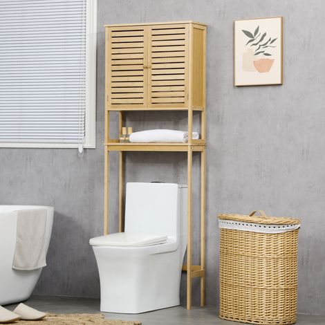 Kleankin WC-Regal, Badezimmerschrank über der Toilette mit 2 Türen und offenem Fach, 60 x 23 x 173 cm, Bambus