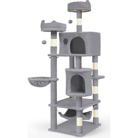 Vounot – Arbre à chat 168cm avec 3 plateformes, 2 niches, 6 griffoirs en sisal – Tissu doux et épais – Base large 55x45cm – Couleur gris