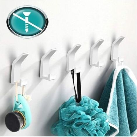 Pair Porte-serviettes sans perçage, blanc, lot de 5, crochets muraux en aluminium, pour salle de bain, toilettes, cuisine, bureau, porte-manteau, enfants (1/5)