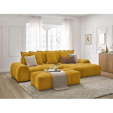 BOBOCHIC - Canapé d'angle convertible coffre EVEREST tissu texturé avec pouf Angle droit  Jaune (1/5)