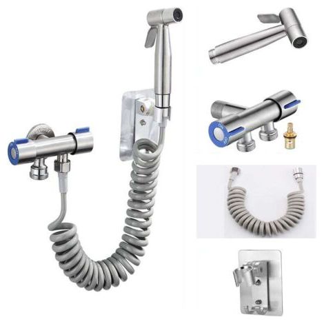 Toiletten-Sprühpistolen-Set (Sprühpistole + 1,5 m Schlauch + stanzfreie Basis + Doppelsteuer-Eckventil) Silber