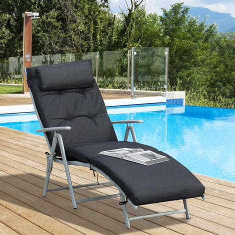 Transat pliant avec appui-tête et coussin d'assise. fauteuil inclinable avec dossier réglable 7 positions. chaise longue de jardin/transat relaxant. charge maximale 165 kg. pour le jardin. les vacance