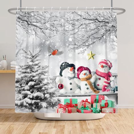 105x160cm Hiver Enneigé Paysage Rideau de Douche Mignon Bonhomme Neige Flocons Rideau de Bain Noël Cadeau Boîte Enneigé Arbre Branche Rideau de Baignoire pour Salle de Bain avec Crochets (1/5)