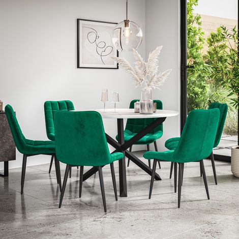 Malvern Round Dining Table And Chairs - Marble Table Top w Solid Black Oak Legs + Nova Velvet Dining Chair Set Of 6 (Green) (1/5)