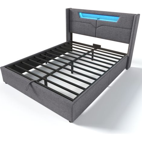 Cama doble tapizada LED con USB-C y almacenaje, lino gris 140 x 200 cm, HOMVRA (1/5)