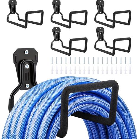 Support pour Tuyau D'Arrosage (6 pièce) Support Mural Robuste en Métal pour Tuyau D'Arrosage Crochet de Garage Crochets Solides pour Enrouleur et Rallonges Électriques Noir (1/5)