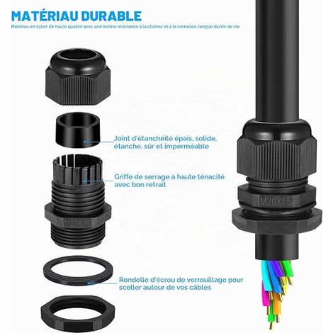 Zocipro 20Pcs Presse-étoupes M20, Presse-étoupe IP68 Passe Cable Etanche Gris pour Extérieur, Jardin, Boîte de Commutation, Boîte de Jonction (1/4)