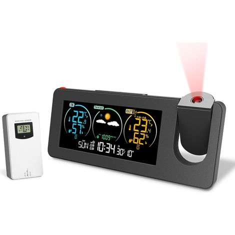 Drahtlose Wettervorhersagestation mit Sensor, Wettervorhersage, Anzeige von Temperatur und Luftfeuchtigkeit, Luftdruckfarbe, Mondphase bei Sonnenuntergang (Ein Set)