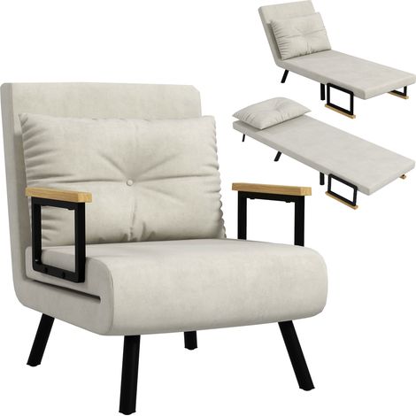 Fauteuil convertible HOMCOM 4 en 1 chauffeuse lit 1 place dossier réglable accoudoirs en bois et coussin, tissu effet velours crème