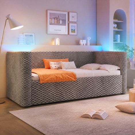 Diván cama daybed 90 x 200 cm gris de terciopelo con LED, arcón hidráulico y somier de lamas (1/5)