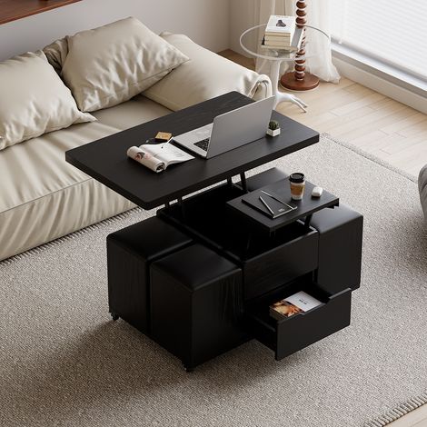Table basse relevable pliable – 100 cm Noir – 4 tabourets intégrés – Rangement caché et roulettes 360°